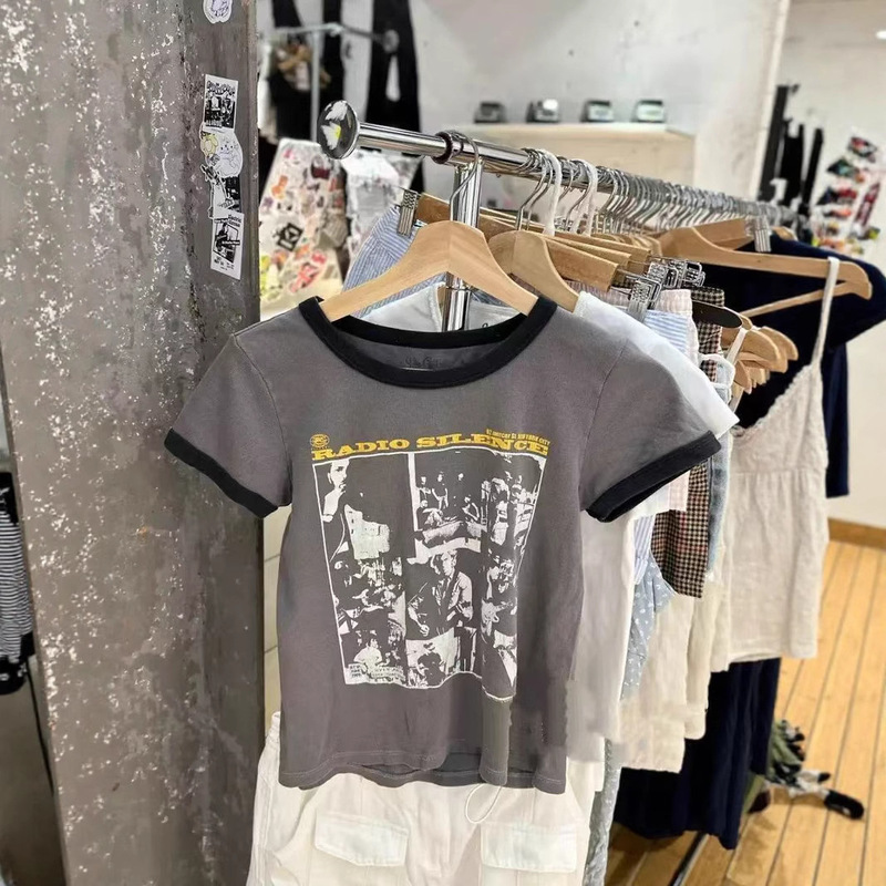 Bm Style New American Retro Rock Band Character Printed Short-Sleeved T-Shirt Women's Casual Round Neck Niche Top Summer