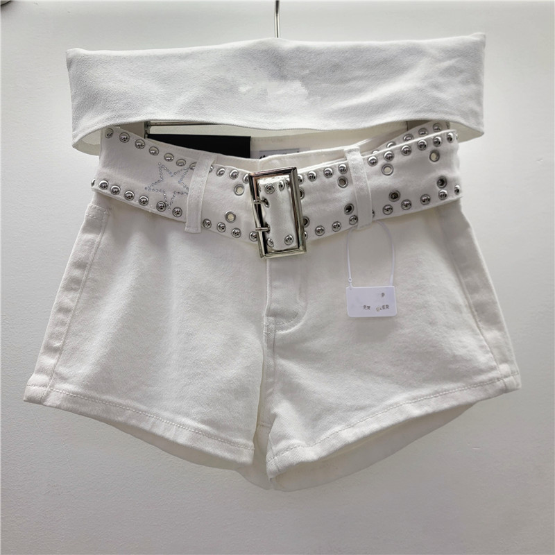 Shorts de Mezclilla de Tiro Alto con Remaches de Mezclilla y Poliéster para Verano