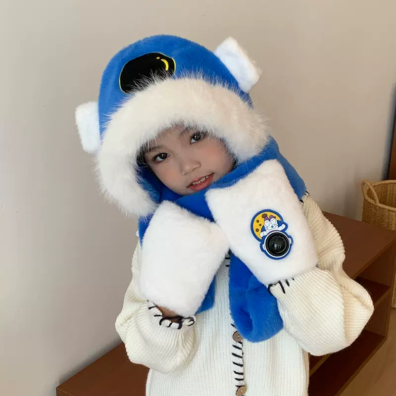 儿童帽子秋冬围巾手套三件套冬季毛绒女童一体帽男大童保暖防风帽