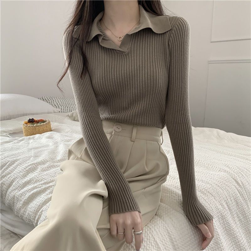 黑色polo领针织衫2025入秋上衣女辣妹显瘦内搭别致短款打底衫跨境|undefined