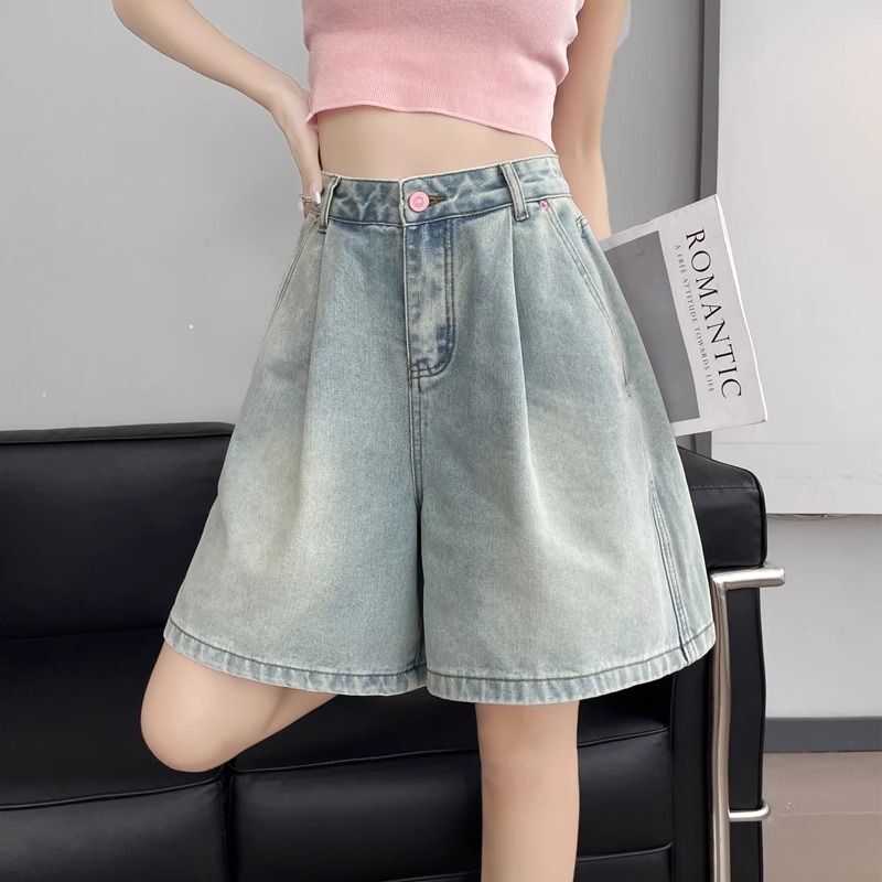 Vintage Versatile Denim Shorts for Women, Summer 2026, High-Waisted, New Style, Loose Fit, Slimming, Outerwear, Five-Point Wide-Leg Pants