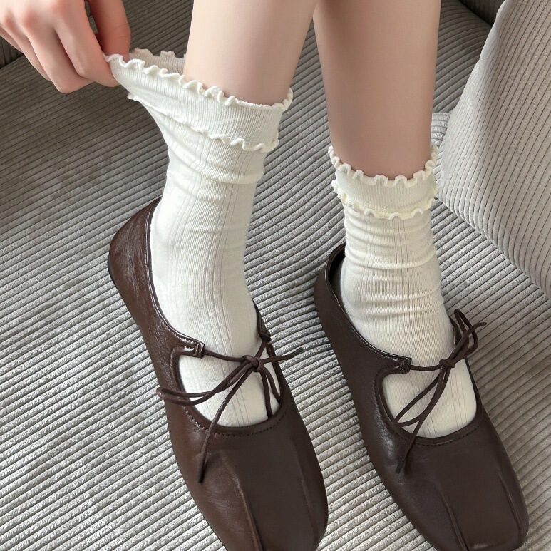 Chanel-Inspired Series "Women's Mid-Calf Socks" Autumn and Winter New Cotton Korean Version Ins Double Ruffle Stacked Socks
