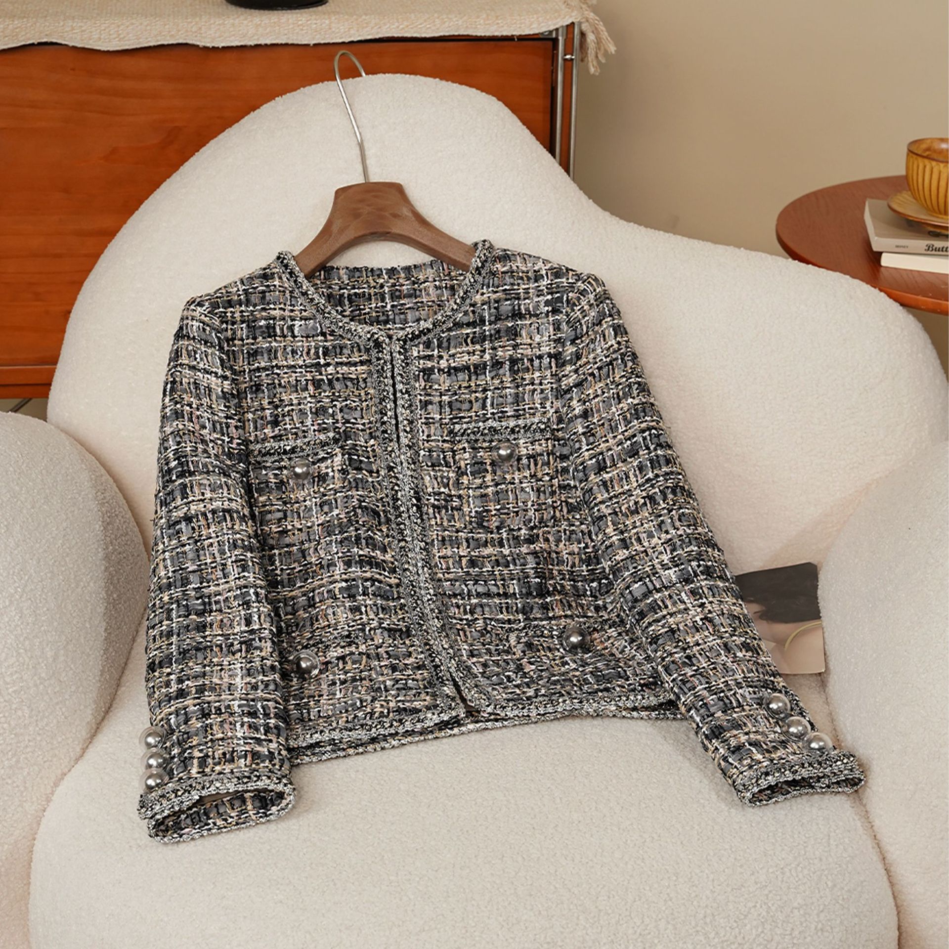 Amfiona French-Style Tweed Cotton-Poly Blend Round-Neck Lace-Up Hidden Button Women's Coat, Socialite Style Overcoat