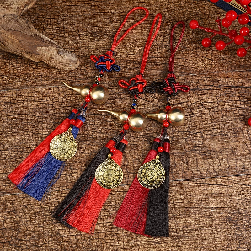 Антикварный медный кулон-тыква для автомобиля, украшение на зеркало заднего вида, латунная тыква с открытым ртом, китайский узел, амулет Будды, подвеска для автомобиля