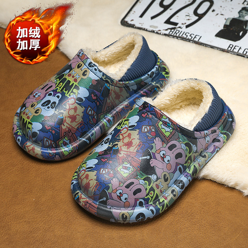 Children's snow boots cartoon cute children's cotton-padded shoes for outer wear boys and girls winter cotton-padded slippers for middle and big children fleece-lined tide