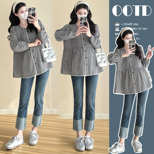 Maternity 2025 Early Spring New Lace Black and White Plaid Thin Shirt Loose All-match Top