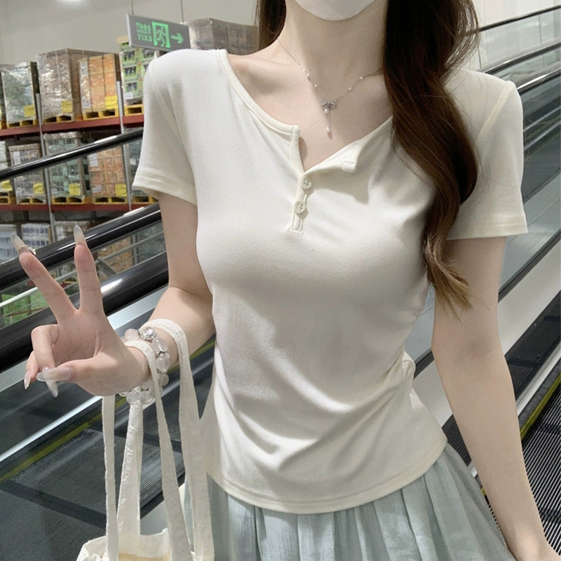 Pure Desire Dopamine Style Half-Open Collar Short-Sleeved Summer Waist-Cinching Slimming Red Top, Spicy Girl Outfit, Elegant T-Shirt