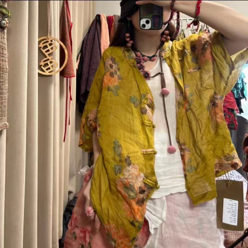 2026 Summer Vintage Style Ramie Print Stand Collar Diagonal Button Half Sleeve Shirt Versatile Lightweight Top for Women 2026 Summer Vintage Style Ramie Print Stand Collar Diagonal Button Half Sleeve Shirt Versatile Lightweight Top for Women