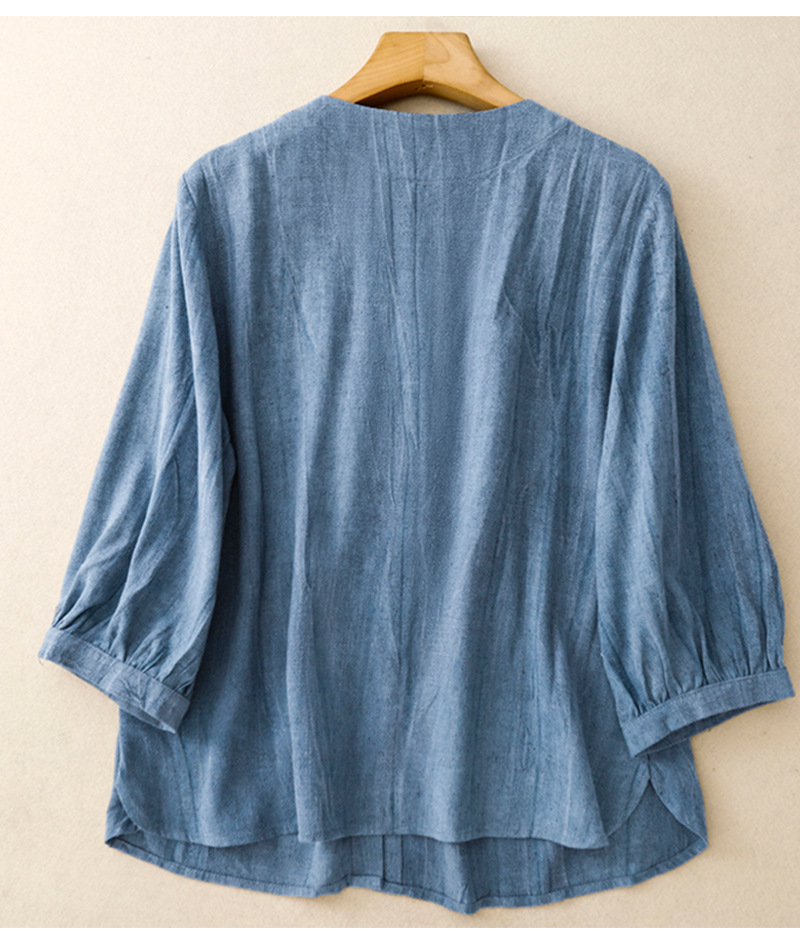 Women's Solid Color Button Down Cardigan Shirt Heavy Duty Cotton Linen Round Neck Three Quarter Sleeves Loose Fit Artistic Versatile Breathable Top_ecoleips.com