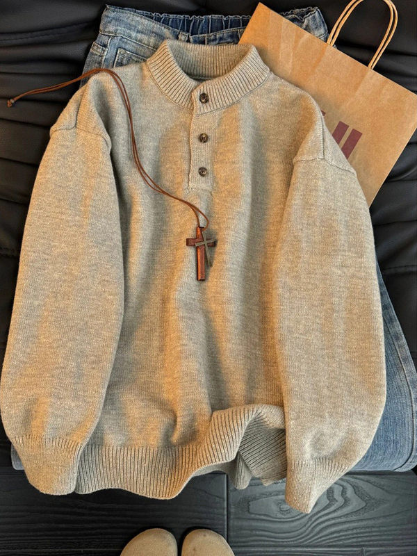 Old Money Style Henry Collar Thick Sweater for Men, Winter Lazy and Relaxed Knitwear, Cleanfit Inner Layer Base Shirt