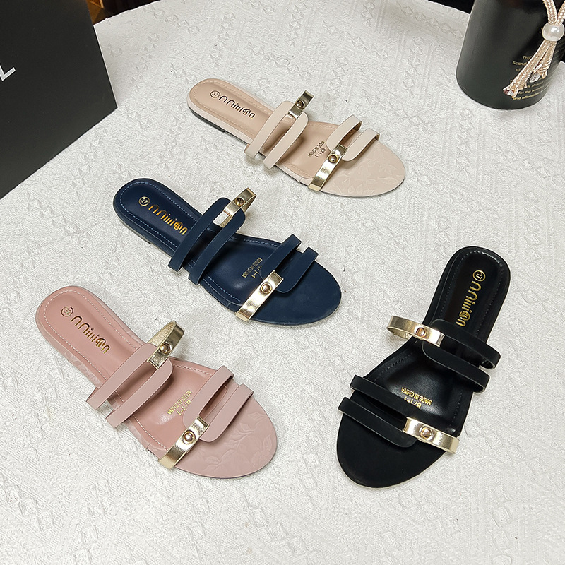 European And American Fashion Sandals 2025 Summer New Round-toe Beach Shoes Foreign Trade Flat One-strap Color-block_voghion.com