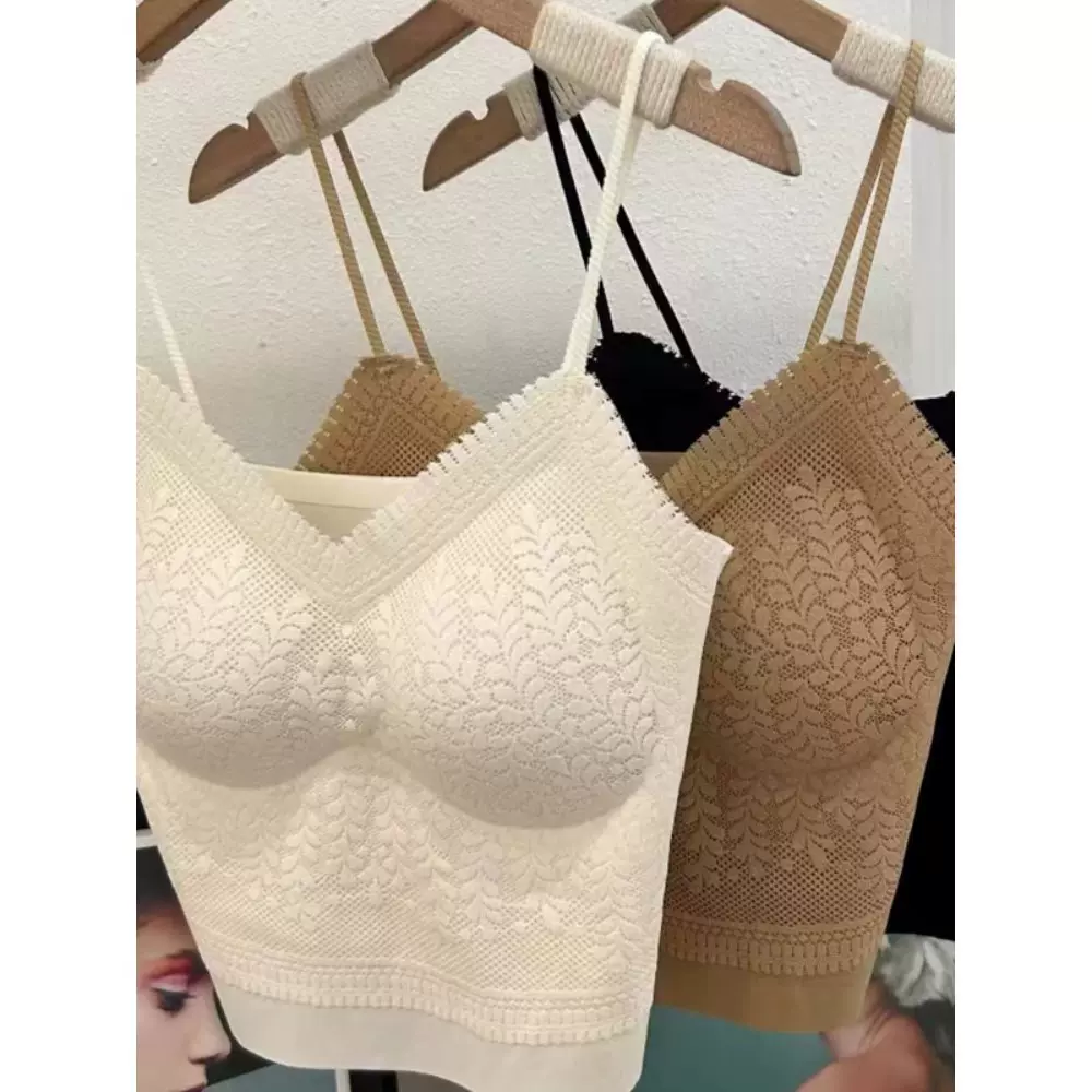 夏季冰丝无痕蕾丝聚拢美背刺绣V吊带背心性感薄一体固定打底女装