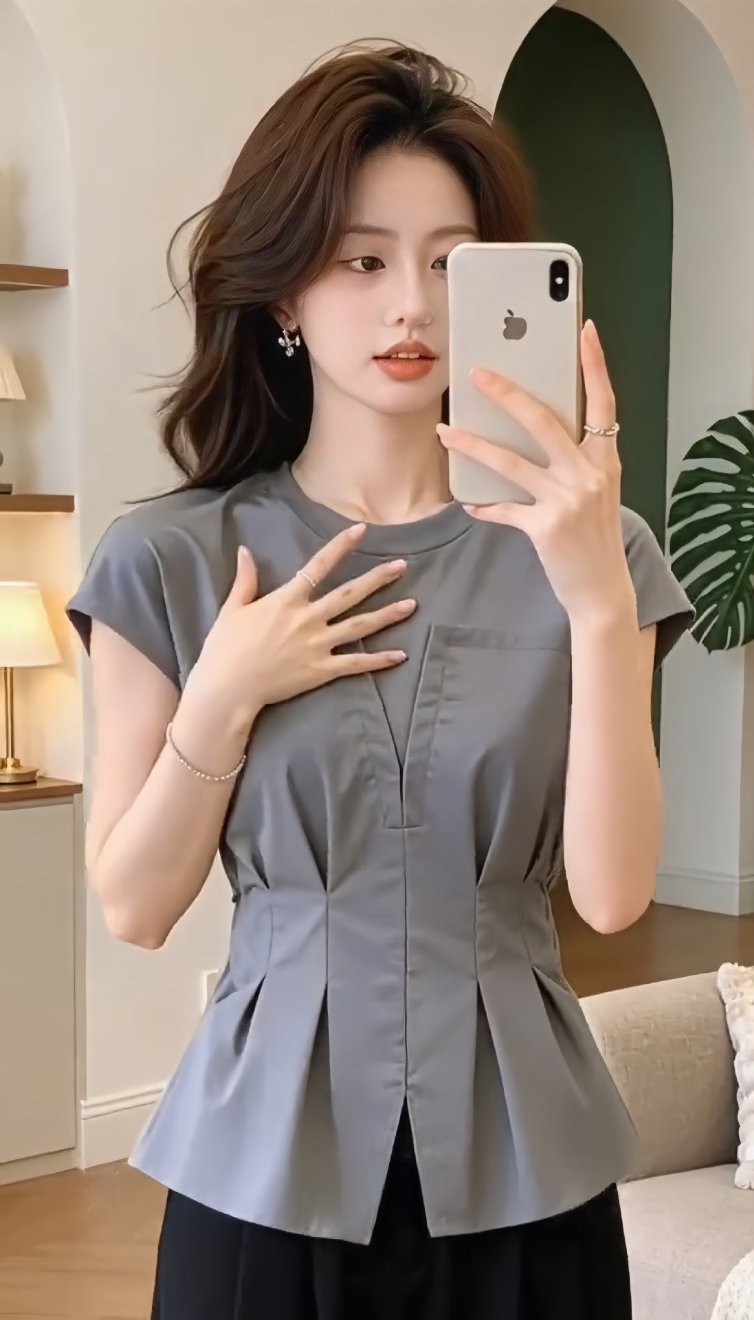 Áo sơ mi ngắn tay nữ phối mảnh thiết kế eo thon — màu trắng chi tiết 7