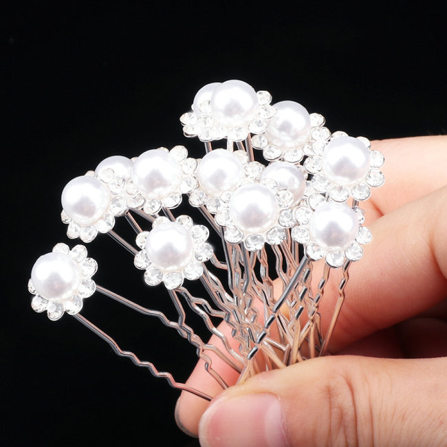 Épingle à cheveux de mariage en u avec strass perles et fleurs_voghion.com