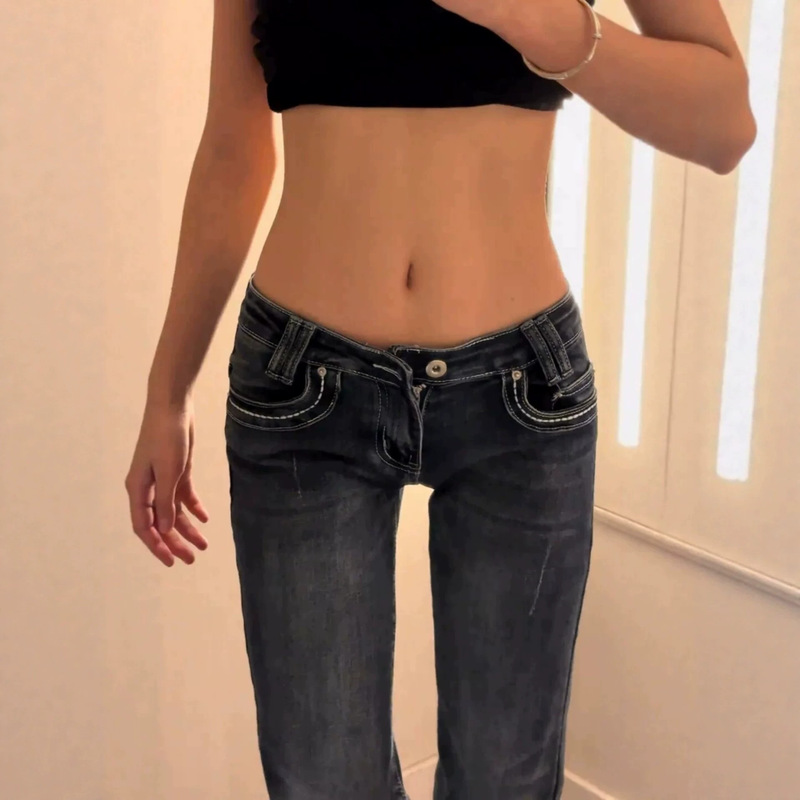 Longer Version of Dark Blue Low-Waist Flared Jeans for Tall Women, with a Stylish Design, New Summer Style Pants