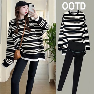2024 autumn and winter new pregnant women striped T-shirt sweater fake two-piece plus size M--3XL