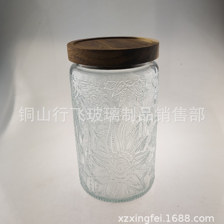 Frasco de vidrio de 1000ml con relieve de begonia y tapa de bambú, para almacenar té o granos