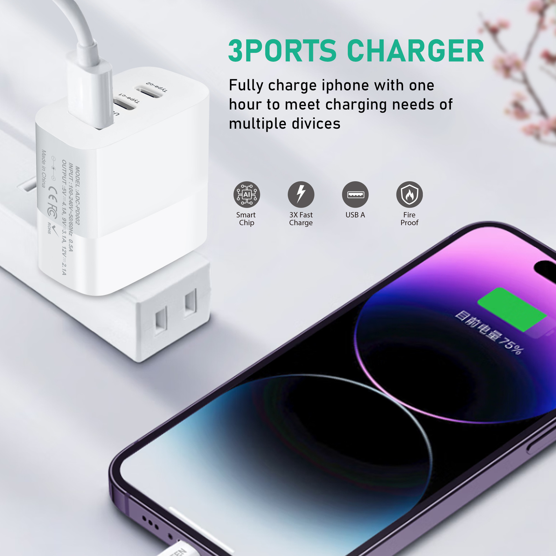 Caricabatterie per cellulare da 30 W con testina di ricarica rapida QC3.0 multiporta 2C+A standard britannico_voghion.com