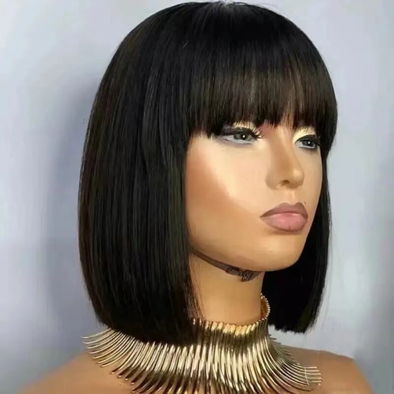 AliExpress hot selling wig bob head European and American girls neat bangs short straight hair bobo head factory in stock generation hair