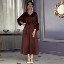 2025年秋新款欧美亚马逊跨境外贸女装v领休闲棕色简约时尚连衣裙