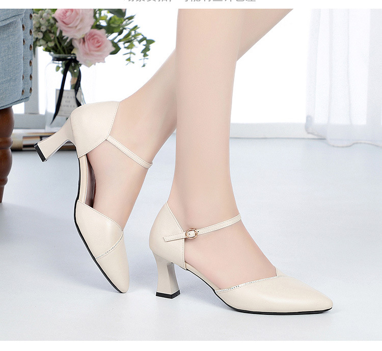 Sandal quai ngang da thật gót vuông mũi nhọn cho nữ, giày cao gót hở mũi kiểu dáng sang trọng — Màu be chi tiết 12