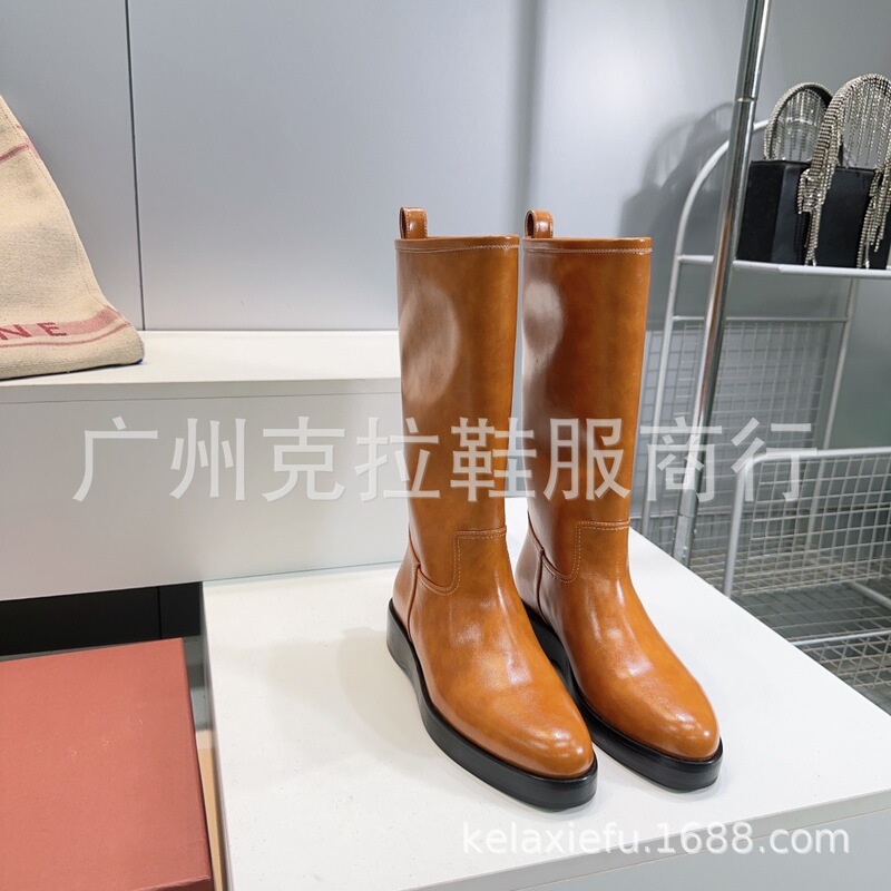 高端2025秋冬真皮圆头英伦复古厚底高筒骑士靴马丁靴不过膝长靴女|undefined
