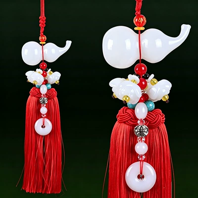 Car pendant green jade gourd car pendant perfume security talisman car accessories men and women car white jade pendant (Car hanging) - white-jade-gourd-red-tassel-lotus-style
