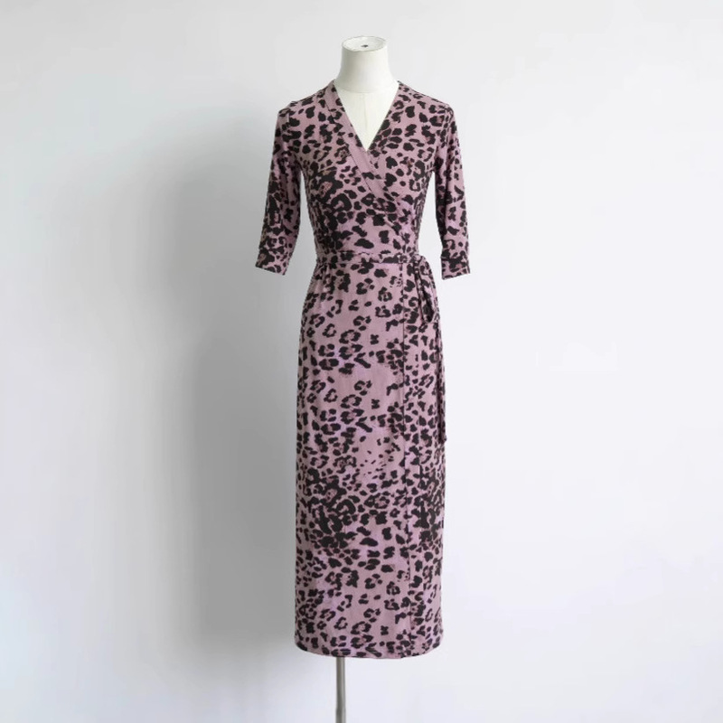 Dvf Spring/Summer Goddess Style Elegant Socialite Pink Leopard Print Tie-Wrap V-Neck Slimming Dress
