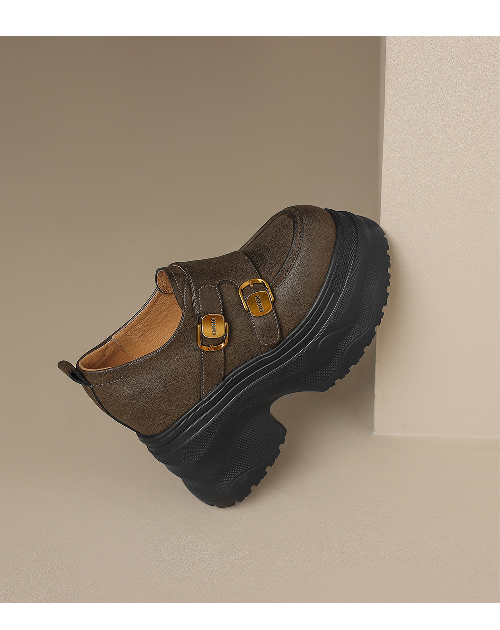 Giày loafer nữ đế xuồng cao 12 cm, miệng sâu cổ điển, khóa thắt lưng — Màu đen, Màu đen kaki chi tiết 16