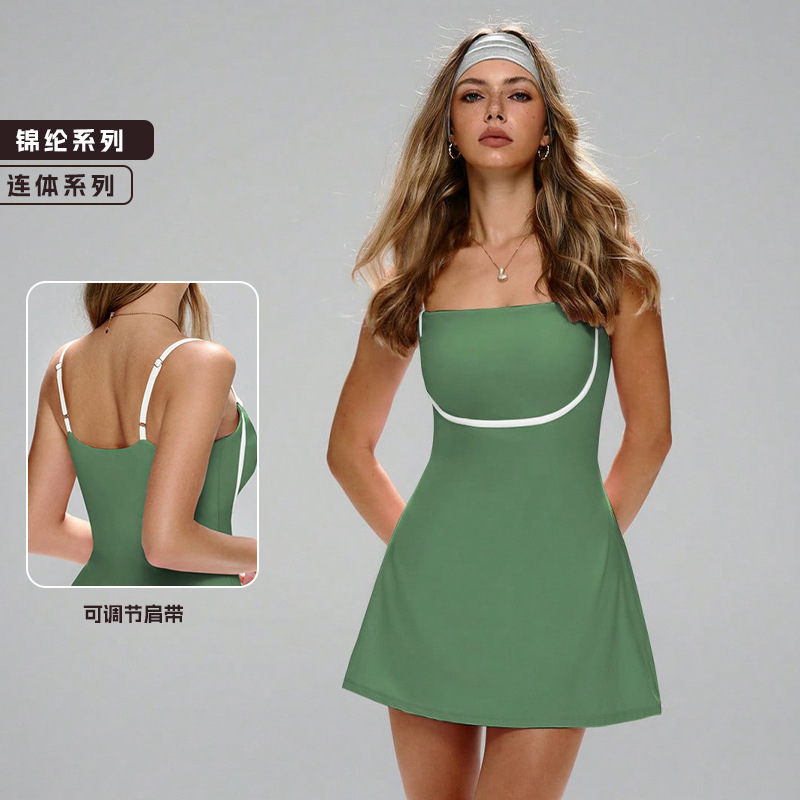 外贸跨境瑜伽连体裙女撞色含胸垫防走光打底裙运动健身训练瑜伽裙|undefined