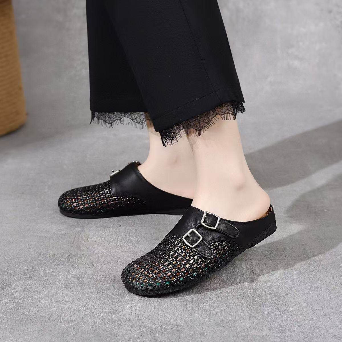 Dép sandal nữ da thật mũi tròn đan dệt phẳng gót mềm chống trượt — màu be chi tiết 7
