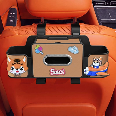 Car tissue box/set box with cup holder, cute - pilot-seat-four-in-one-storage-box-4th-generation-brown