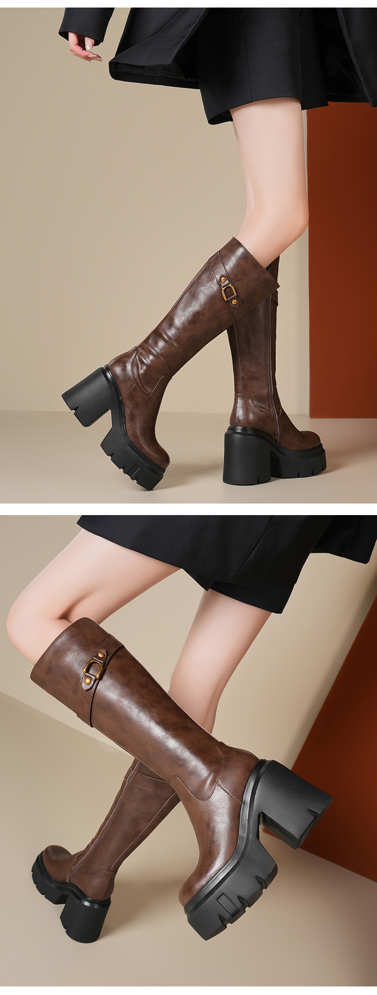 Boot nữ cổ cao ôm bắp chân khóa kéo đế dày gót cao — Lót nhung đen chi tiết 6