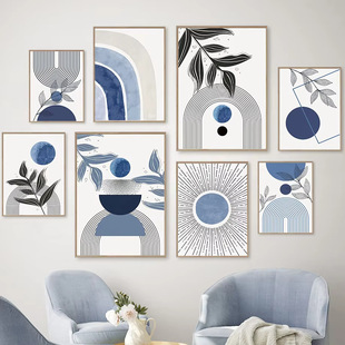 Blue Abstract Bohemian Geometric Leaves Plant Living Room Bedroom Decoration Frameless Hanging Painting Core Poster
