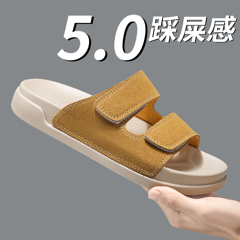 Men's thick-soled non-slip slip-on sandals, retro double-buckle Velcro sandals for outdoor wear, casual beach shoes