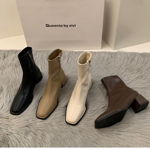White Martens Ankle Boots with Heel, French Style, Warm Fleece, Slim Women's Boots for Spring and Summer