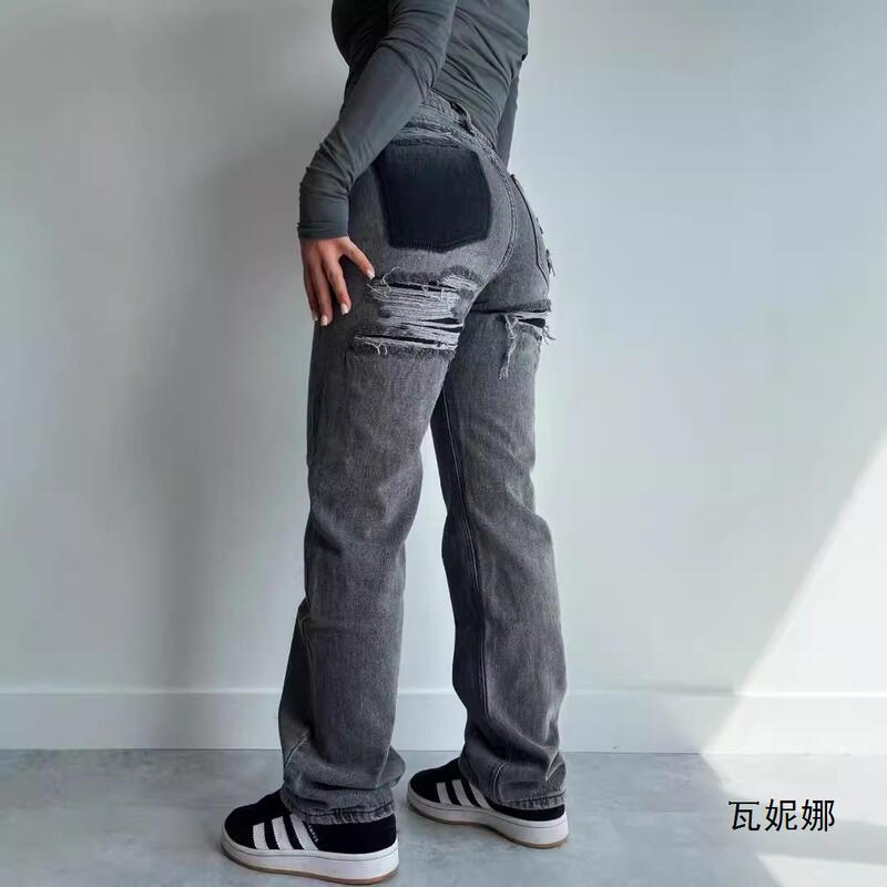 European and American sources light blue low waist American straight ripped pants jeans women's small 2024 new spring