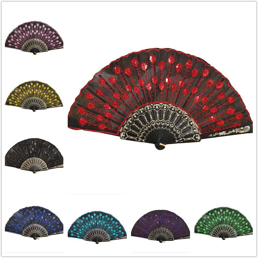Changsha ventilador de lentejuelas bordado de estilo europeo ventilador de la cola del Pavo Real bordado de plumas ventilador de lentejuelas varilla negro ventilador de lentejuelas rojo grande