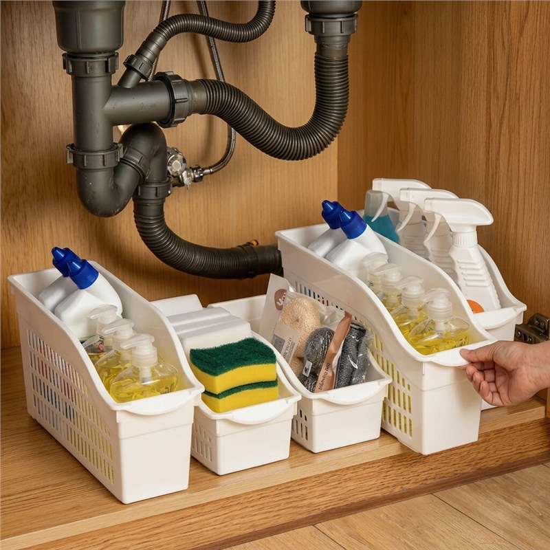 Kitchen Storage Rack Basket for Home Use, Under-Sink Cabinet Organizer with Wheels, Narrow Storage Box, Cabinet Countertop Spice Basket