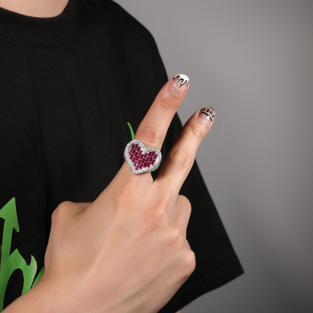 24g Weight Rhinestones Inlay Material Rings Classification 6, 9 Ring Size 1 Piece Quantity Party, Street Occasion Copper Material Heart Shape Pattern Unisex Gender Inlay Design Hip-Hop Style Hip-hop Heart Shape Copper Inlay Rhinestones Rings 13