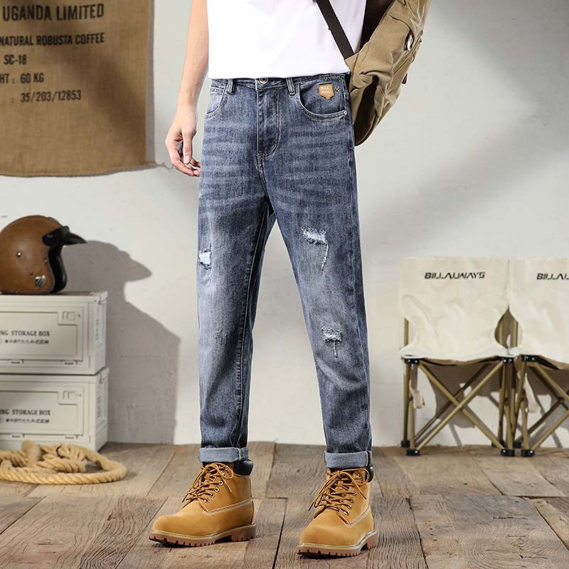 Spring and Summer Quality Stretch Washed Ripped Jeans for Men, American Retro Slim Jeans, Plus Fat and Large Men's Clothing