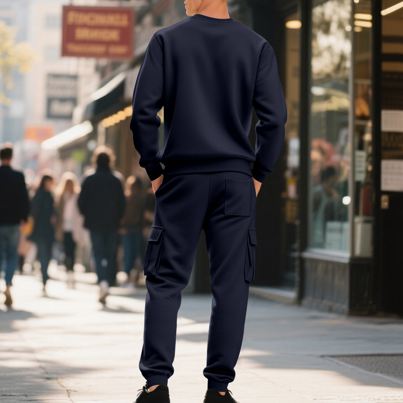 Europe, America, Autumn And Winter Heavy Velvet Men's Loose Casual Sports Tooling Round Neck Solid Color Sweater Trousers Set_viptrois.com