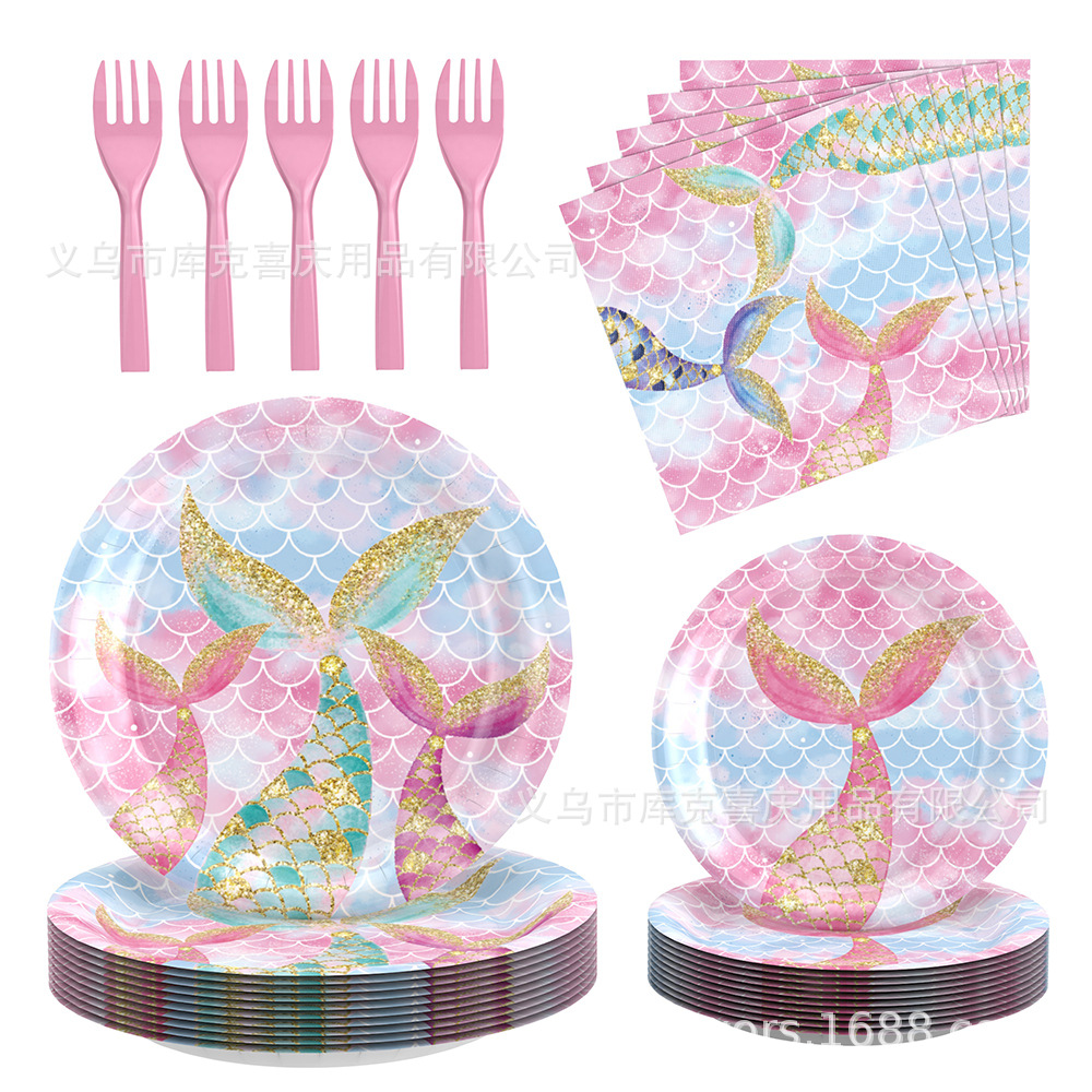 Nuevo tema de cola de pez sirena decoración de vajilla de fiesta fiesta de cumpleaños bandeja de papel taza de papel juego de decoración de globos