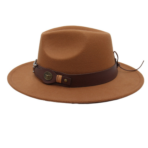 Foreign Trade Bullhead Top Hat Belt Buckle Jazz Hat for Men & Women Felt Hat Leather Riding Hat Western Wool Hat Ethnic Style