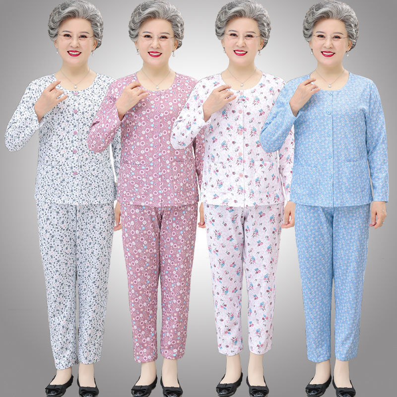 Middle-aged and elderly women's pure cotton pajamas set summer grandma's all-cotton home clothes mother's long-sleeved cardigan old lady