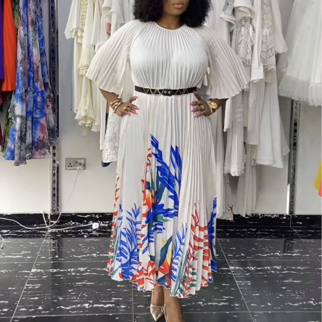 Women's Clothing pleated mid sleeve printed belt new style dress round neck women's pleated skirt_voghion.com