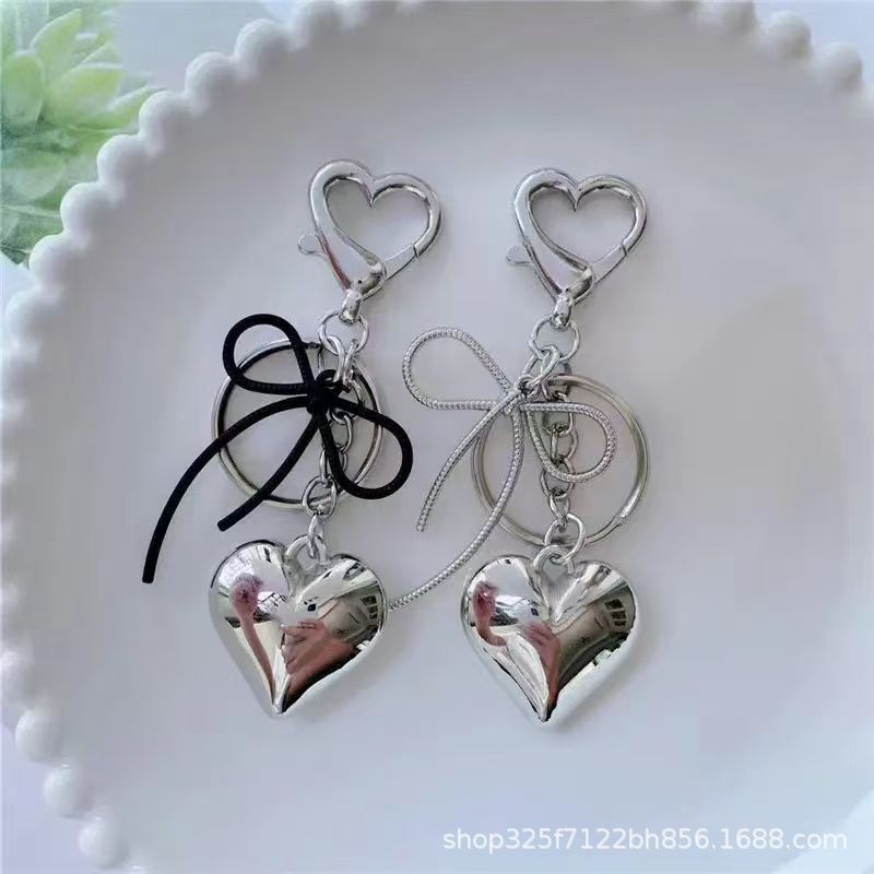 Korean Niche Design Ins Style Simple Bow Stereo Heart Silver Metal Keychain Bag Pendant