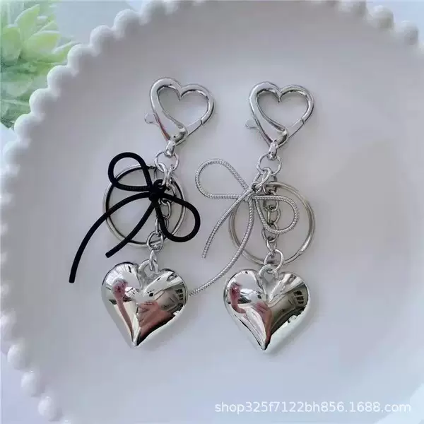 Korean Niche Design Ins Style Simple Bow Stereo Heart Silver Metal Keychain Bag Pendant