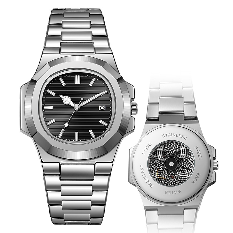 Relojes Nautilus transfronterizos Relojes mecánicos falsos Moda para hombres Cinturón de acero Calendario Reloj de cuarzo de fondo hueco luminoso