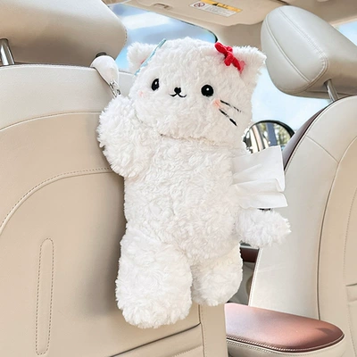 Car Tissue Box Cartoon Cat Car tissue box/set - rabbit-fur-frayed-cat-white-tissue-box
